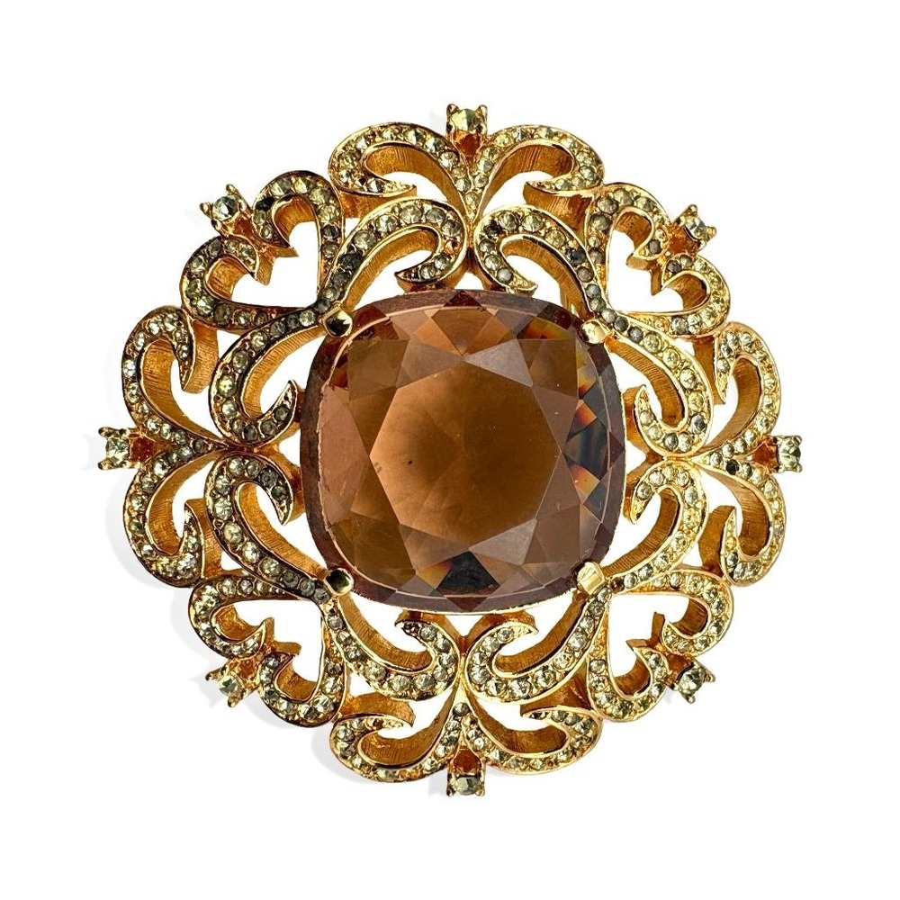 Vintage D'Orlan Smoky Topaz Glass Scroll Brooch Gold Tone Pave Rhinestone Pin